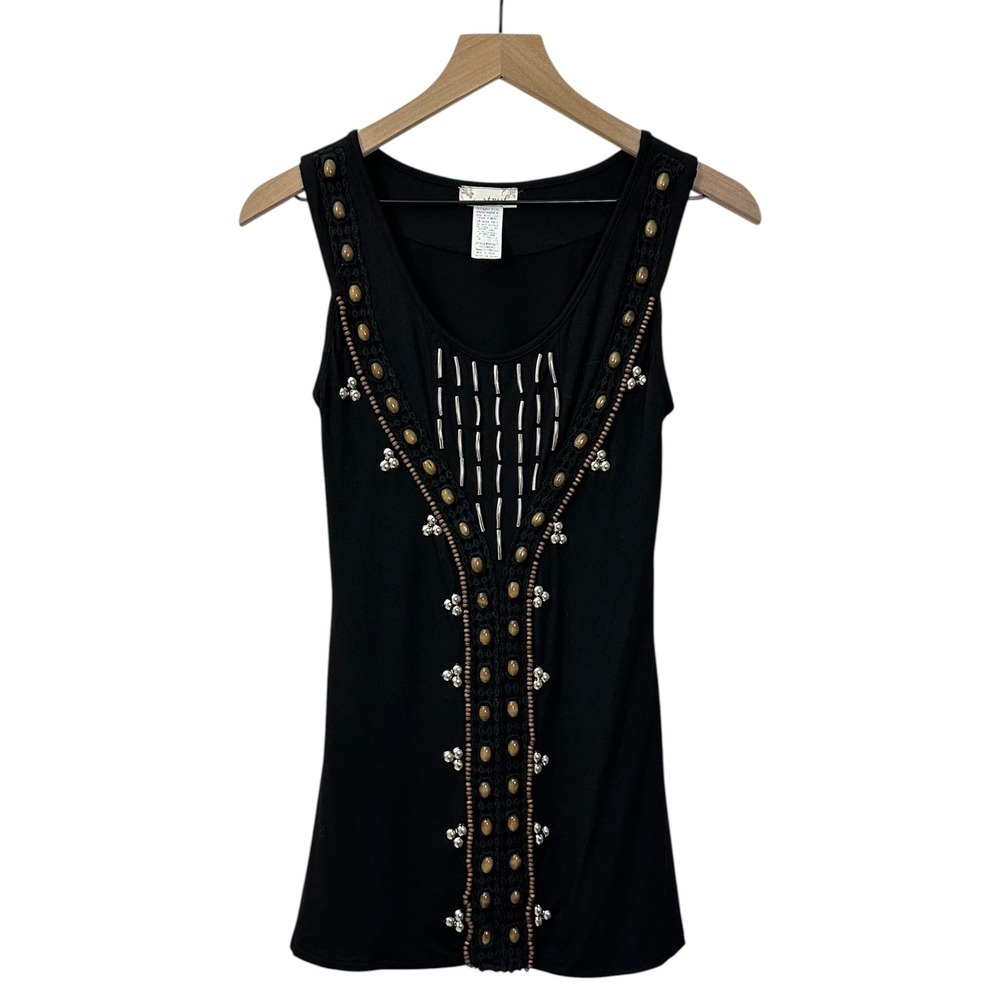 Strut Black Beaded Boho Tank Top Small Crochet Wood Bead Silver Stud Sleeveless